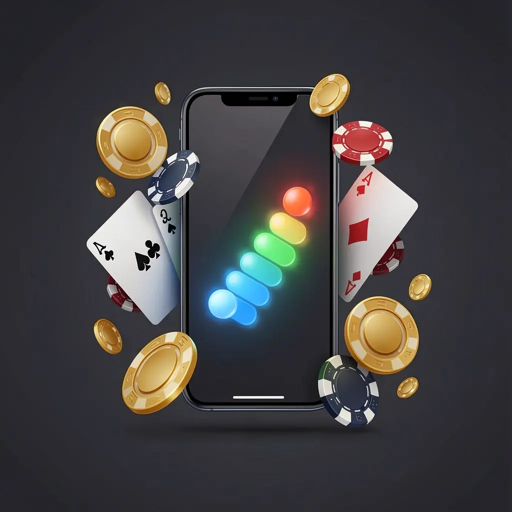 A800 casino app installation visual on a smartphone with a glowing progress bar, surrounded by coins, chips, and cards on a dark background