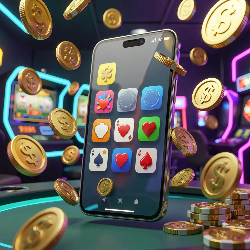 A800 Android casino app concept displayed on a modern phone with app icons, surrounded by golden coins and slot symbols floating in a neon casino atmosphere, realistic 3D render