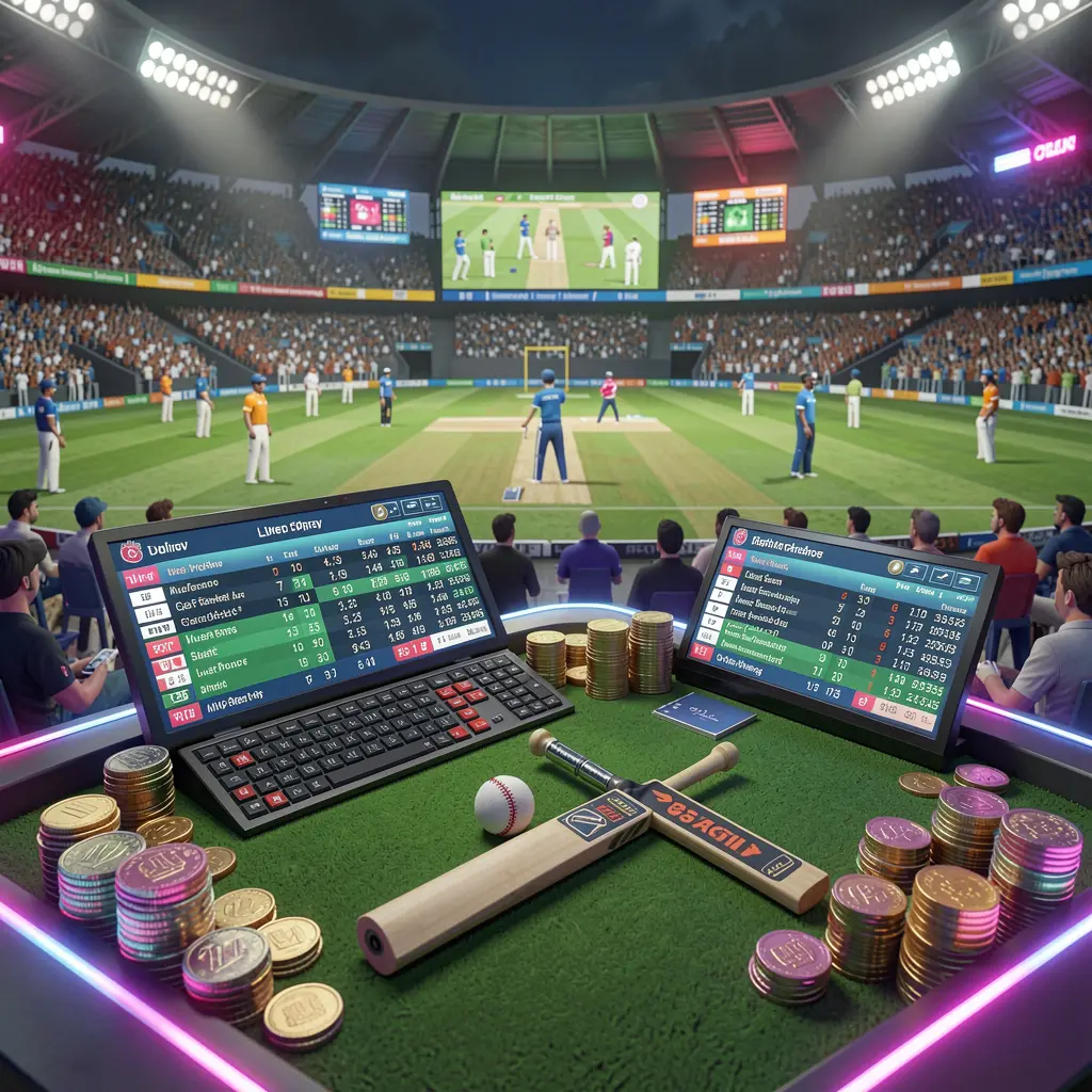 A800 cricket sportsbook scene showing a packed cricket stadium with a green field, bat and ball, digital live odds panels, coins, and neon lighting in a cinematic 3D render