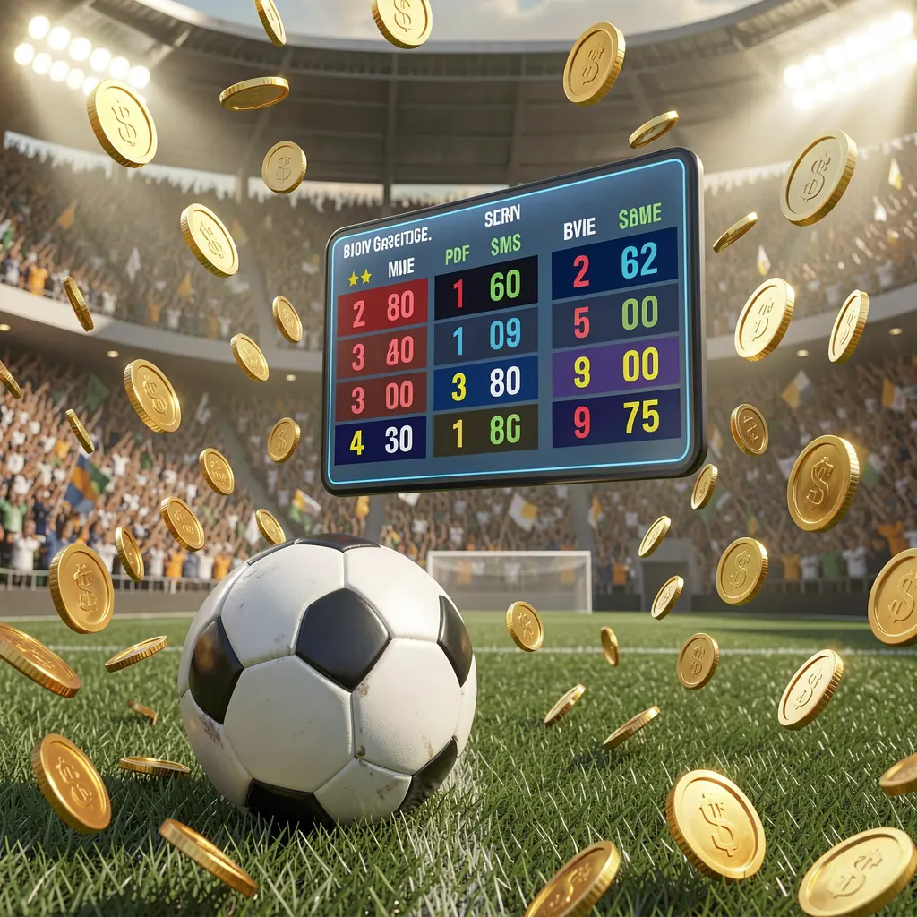 A800 sports betting page showing a realistic 3D illustration of a packed football stadium with a soccer ball in the foreground, floating digital odds interface, and golden coins flying in the air