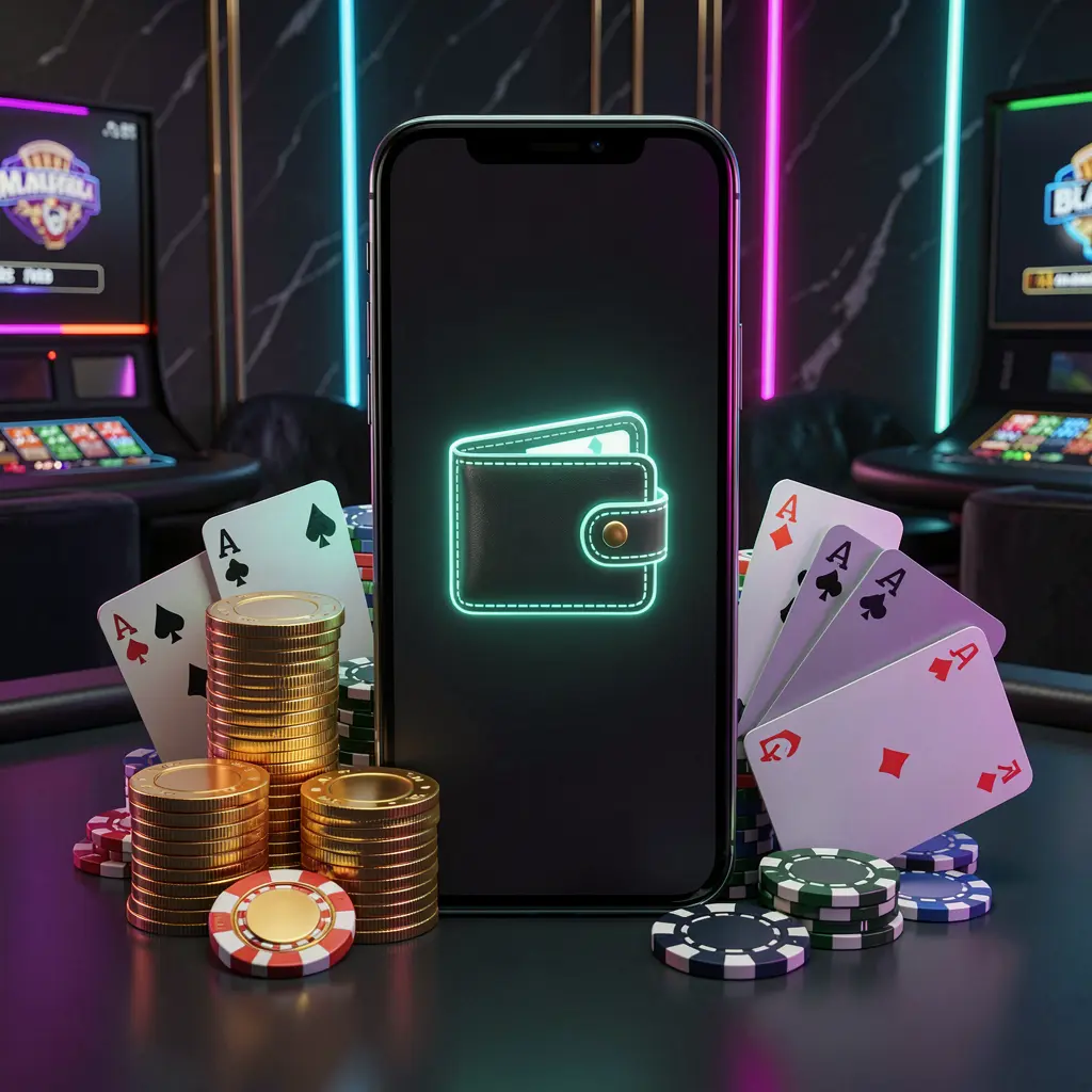 A800 online casino deposit bonus concept featuring a smartphone screen with a glowing wallet icon surrounded by stacks of golden coins, poker chips, and bank cards in a dark luxury background with neon highlights