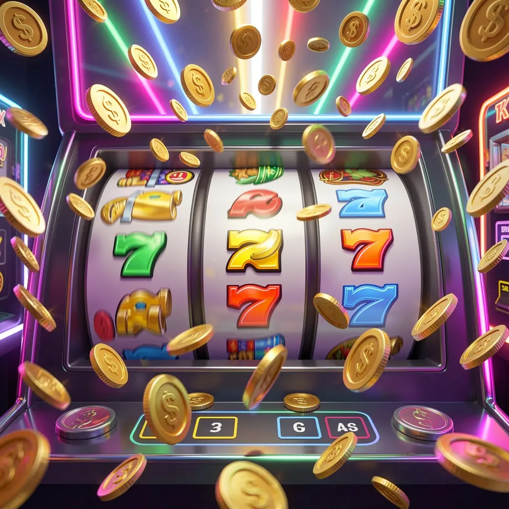 A800 free spins casino scene featuring slot machine reels spinning with golden coins flying everywhere and colorful neon lights creating an exciting jackpot mood in a premium 3D illustration