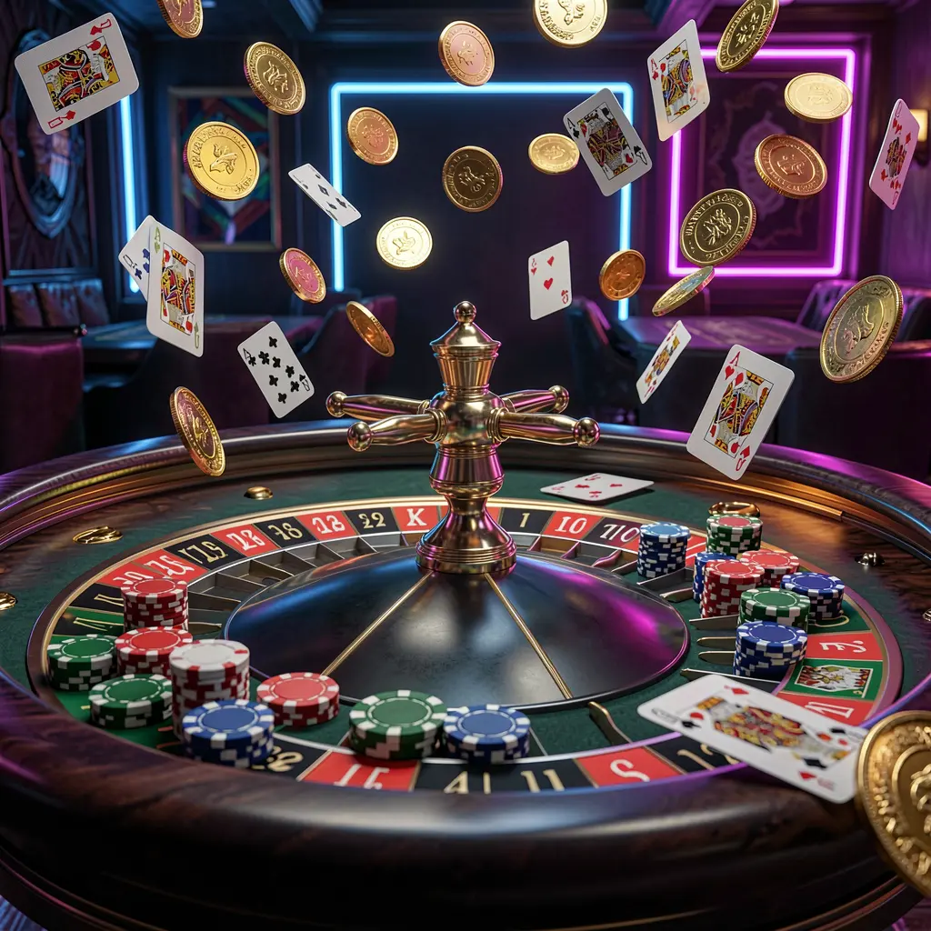 A800 premium casino gaming scene featuring an elegant roulette table with chips and cards, golden coins flying in the air under dramatic neon lighting in a high detail 3D render A800 premium casino gaming scene featuring an elegant roulette table with chips and cards, golden coins flying in the air under dramatic neon lighting in a high detail 3D render