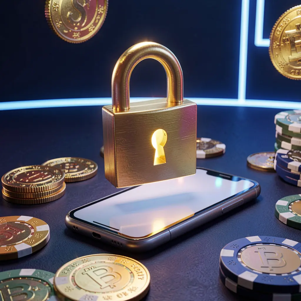 A800 casino login security image showing a glowing padlock floating above a smartphone with golden coins and chips scattered around against a dark blue neon background in a premium realistic 3D render