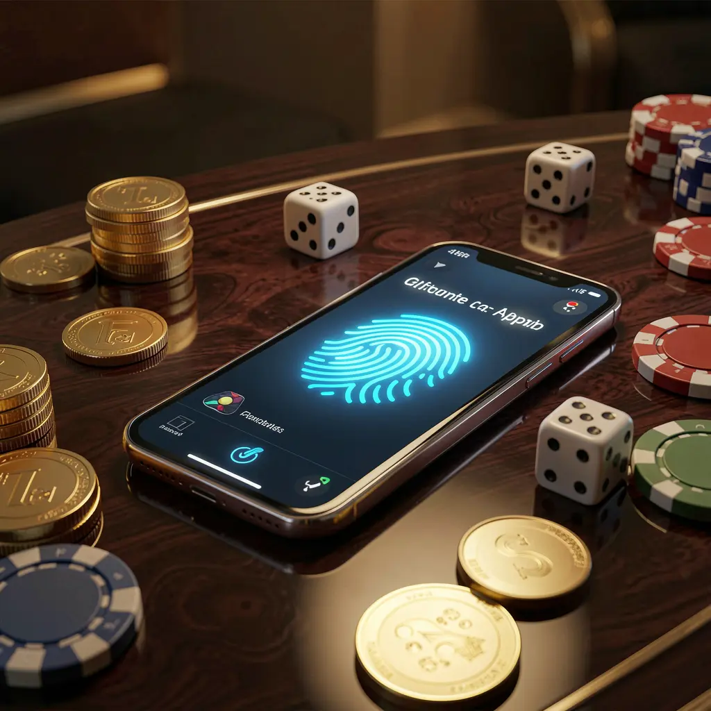 A800 online gaming account access scene showing a smartphone with glowing fingerprint icon surrounded by golden coins, dice, and poker chips on a glossy table under cinematic lighting