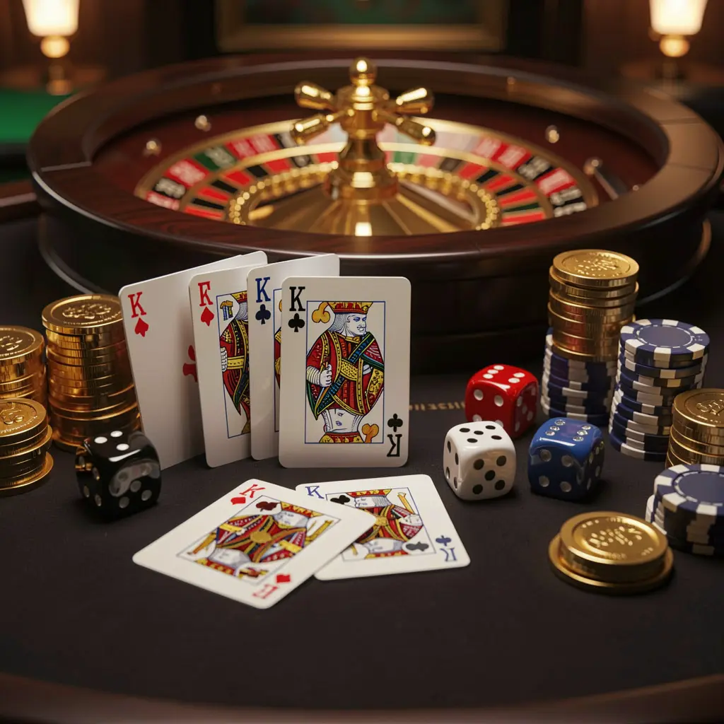 A800 elegant online casino homepage featuring royal flush cards, dice, golden coins, poker chips on a dark table with a glowing roulette wheel in the background in a cinematic 3D render