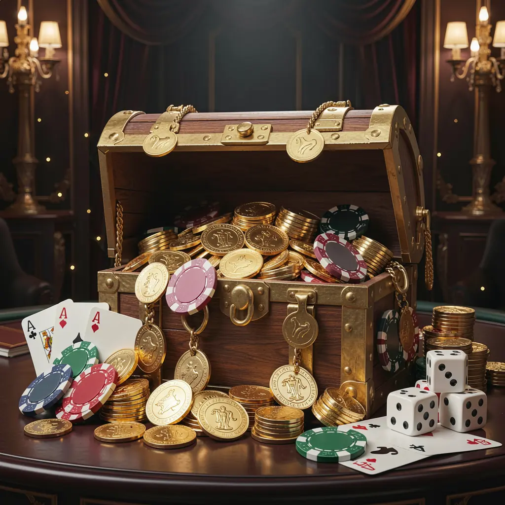 A800 online casino welcome banner featuring a treasure chest filled with golden coins and casino chips, playing cards and dice nearby against a dark luxury background creating a festive premium atmosphere